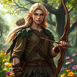 A handsome male forest elf ranger standing confidently in a vibrant, sprawling forest