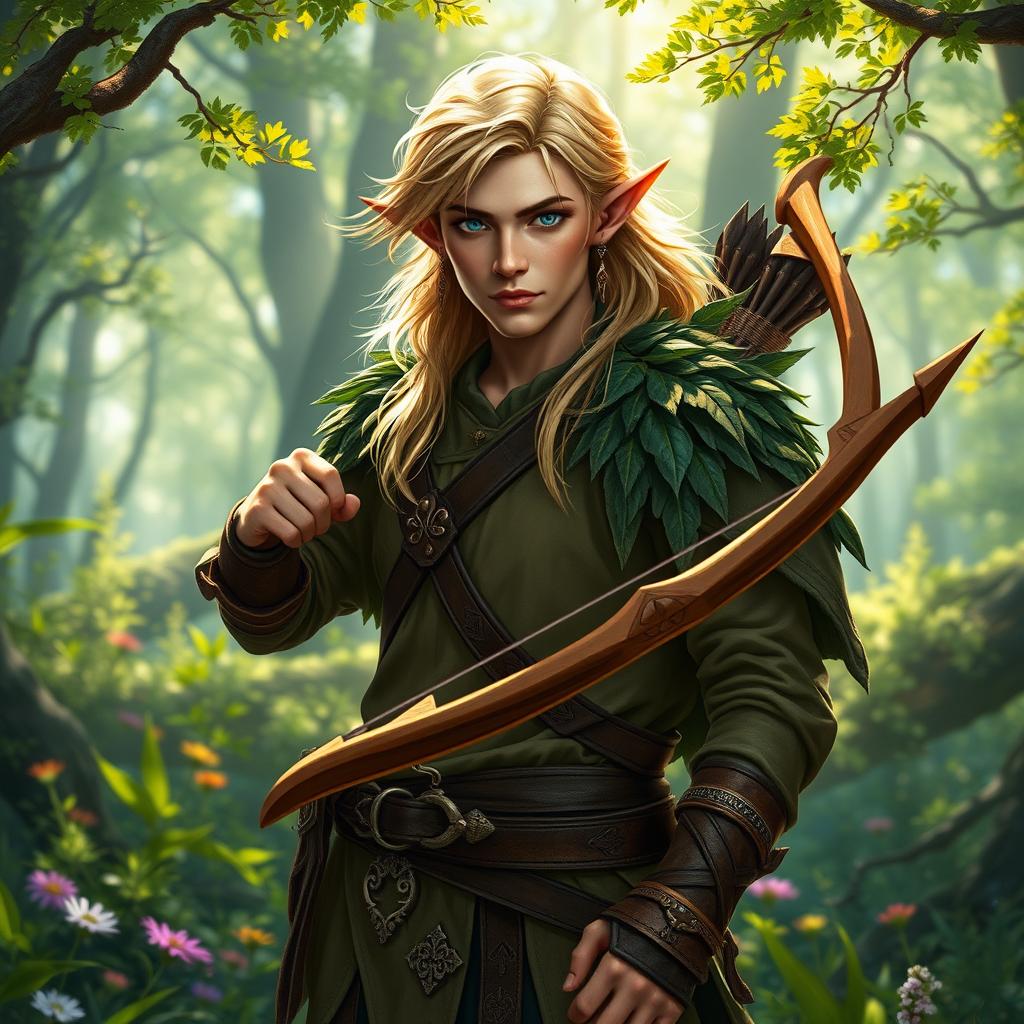 A handsome male forest elf ranger standing confidently in a vibrant, sprawling forest