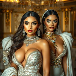 Elegant Kuwaiti women dressed in luxurious and sexy outfits, featuring large breasts and strikingly light-colored eyes
