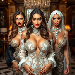 Elegant Kuwaiti women dressed in luxurious and sexy outfits, featuring large breasts and strikingly light-colored eyes