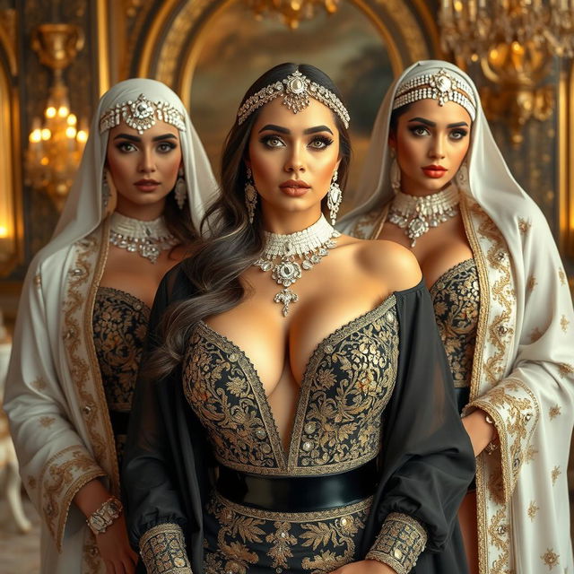 Elegant Kuwaiti women dressed in luxurious and sexy outfits, featuring large breasts and strikingly light-colored eyes