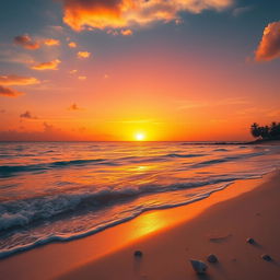 A breathtaking view of a majestic golden sunset casting a warm glow across the sky, illuminating a serene, crystal-clear ocean