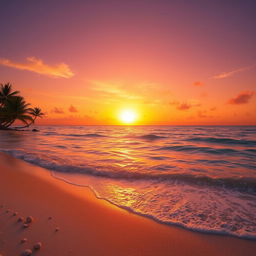 A breathtaking view of a majestic golden sunset casting a warm glow across the sky, illuminating a serene, crystal-clear ocean