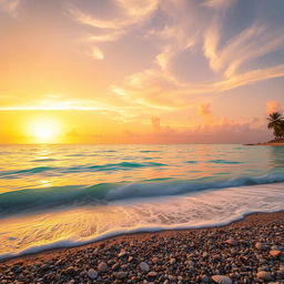 A captivating view of a majestic golden sunset casting its warm glow across the sky, illuminating the serene, crystal-clear ocean below