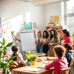A vibrant and inspiring scene of a diverse group of women teaching in a bright classroom