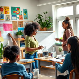 A vibrant and inspiring scene of a diverse group of women teaching in a bright classroom