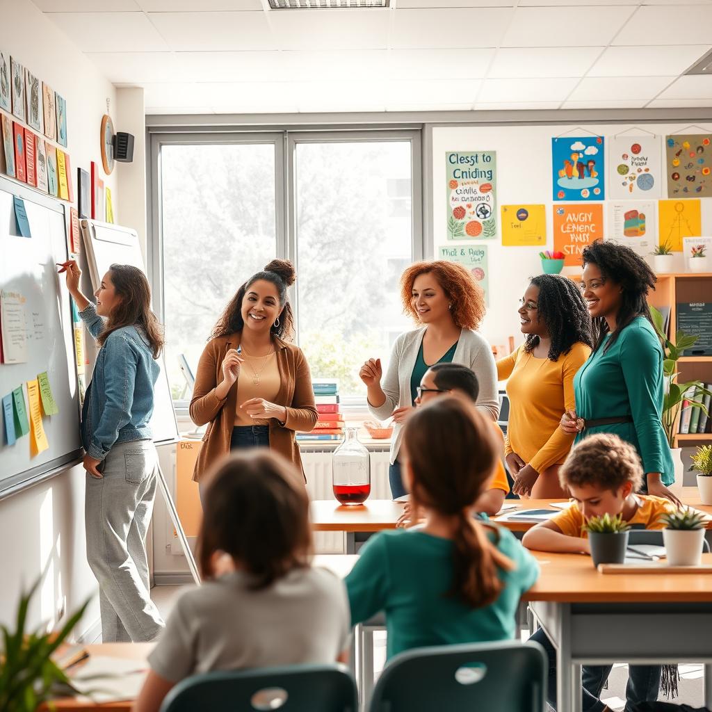 A vibrant and inspiring scene of a diverse group of women teaching in a bright classroom