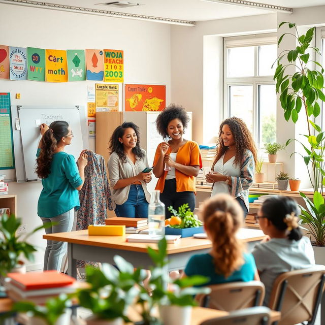 A vibrant and inspiring scene of a diverse group of women teaching in a bright classroom