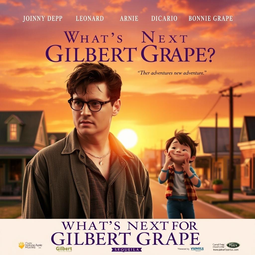 A movie poster for a sequel to 'What's Eating Gilbert Grape', featuring the original cast including Johnny Depp as Gilbert Grape, Leonardo DiCaprio as Arnie Grape, and Darlene Cates as Bonnie Grape