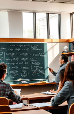 A university classroom scene depicting a professor explaining the principles of fluid mechanics