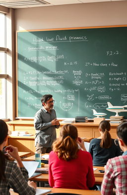 A university classroom scene depicting a professor explaining the principles of fluid mechanics