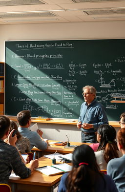 A university classroom scene depicting a professor explaining the principles of fluid mechanics
