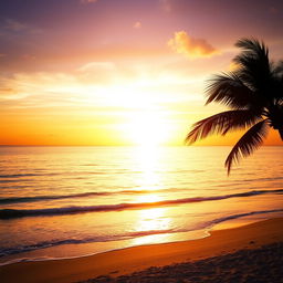 A stunning depiction of a majestic golden sunset casting its warm light across the calm and serene, crystal-clear ocean