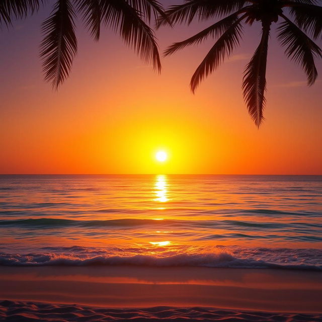 A stunning depiction of a majestic golden sunset casting its warm light across the calm and serene, crystal-clear ocean