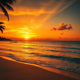 A magnificent scene featuring a majestic golden sunset that paints the sky with warm hues of gold, orange, and deep crimson, reflecting beautifully on a serene, crystal-clear ocean