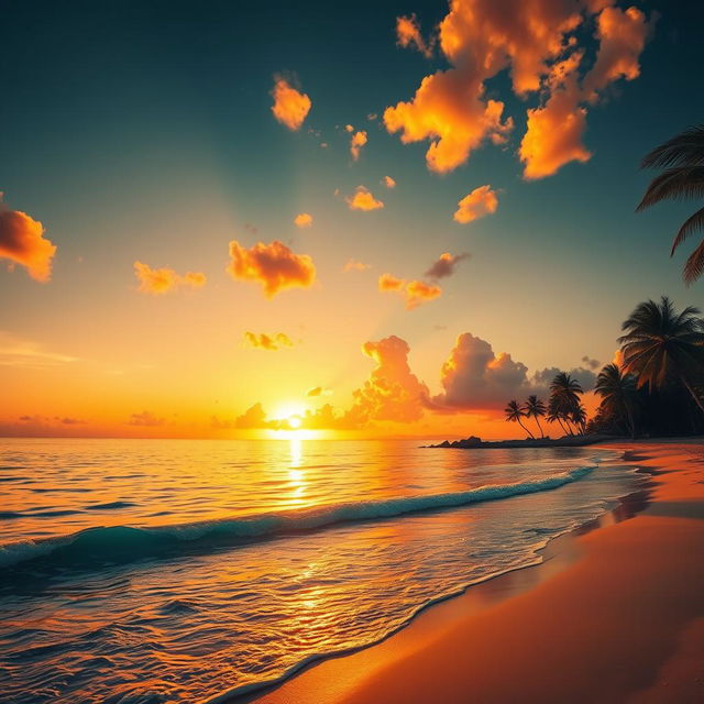 A magnificent scene featuring a majestic golden sunset that paints the sky with warm hues of gold, orange, and deep crimson, reflecting beautifully on a serene, crystal-clear ocean