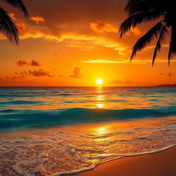 A magnificent scene featuring a majestic golden sunset that paints the sky with warm hues of gold, orange, and deep crimson, reflecting beautifully on a serene, crystal-clear ocean