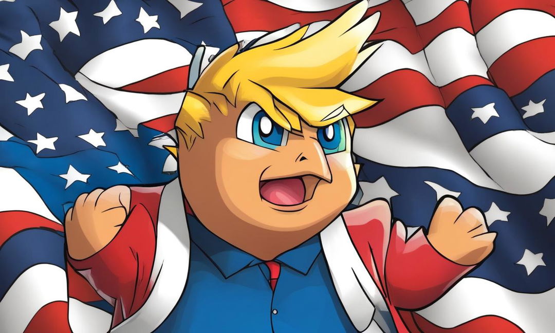 Cartoon image of Donald Trump as a Pokemon character against an American flag backdrop.