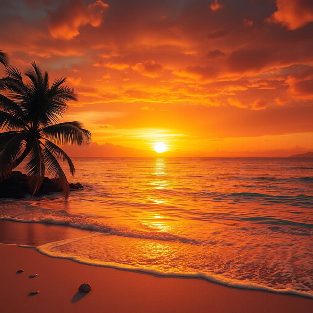 A breathtaking scene featuring a majestic golden sunset illuminating the sky with rich shades of amber, orange, and magenta above a serene, crystal-clear ocean