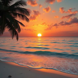 A breathtaking scene featuring a majestic golden sunset illuminating the sky with rich shades of amber, orange, and magenta above a serene, crystal-clear ocean