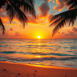 A breathtaking scene featuring a majestic golden sunset illuminating the sky with rich shades of amber, orange, and magenta above a serene, crystal-clear ocean