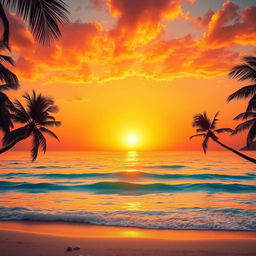 A breathtaking scene featuring a majestic golden sunset illuminating the sky with rich shades of amber, orange, and magenta above a serene, crystal-clear ocean