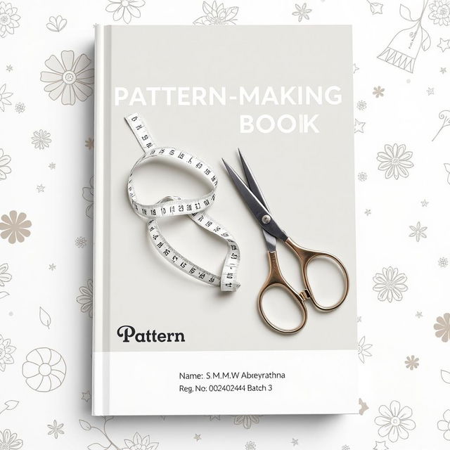 A professional A4-sized book cover design for a pattern-making book, featuring a sophisticated and clean appearance with a neutral color palette of soft grays, whites, and beiges