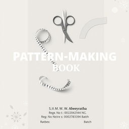 A professional A4-sized book cover design for a pattern-making book, featuring a sophisticated and clean appearance with a neutral color palette of soft grays, whites, and beiges