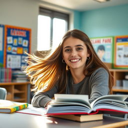 A young woman in a classroom setting, sitting at a desk with a bright smile as she enjoys learning, surrounded by colorful books and educational posters
