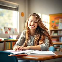 A young woman in a classroom setting, sitting at a desk with a bright smile as she enjoys learning, surrounded by colorful books and educational posters