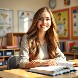 A young woman in a classroom setting, sitting at a desk with a bright smile as she enjoys learning, surrounded by colorful books and educational posters