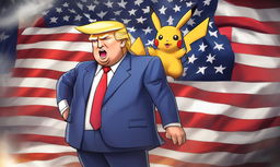 Cartoon image of Donald Trump as a Pokemon character against an American flag backdrop.