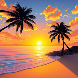 A captivating illustration of a majestic golden sunset spreading its warm, radiant glow across a serene, crystal-clear ocean