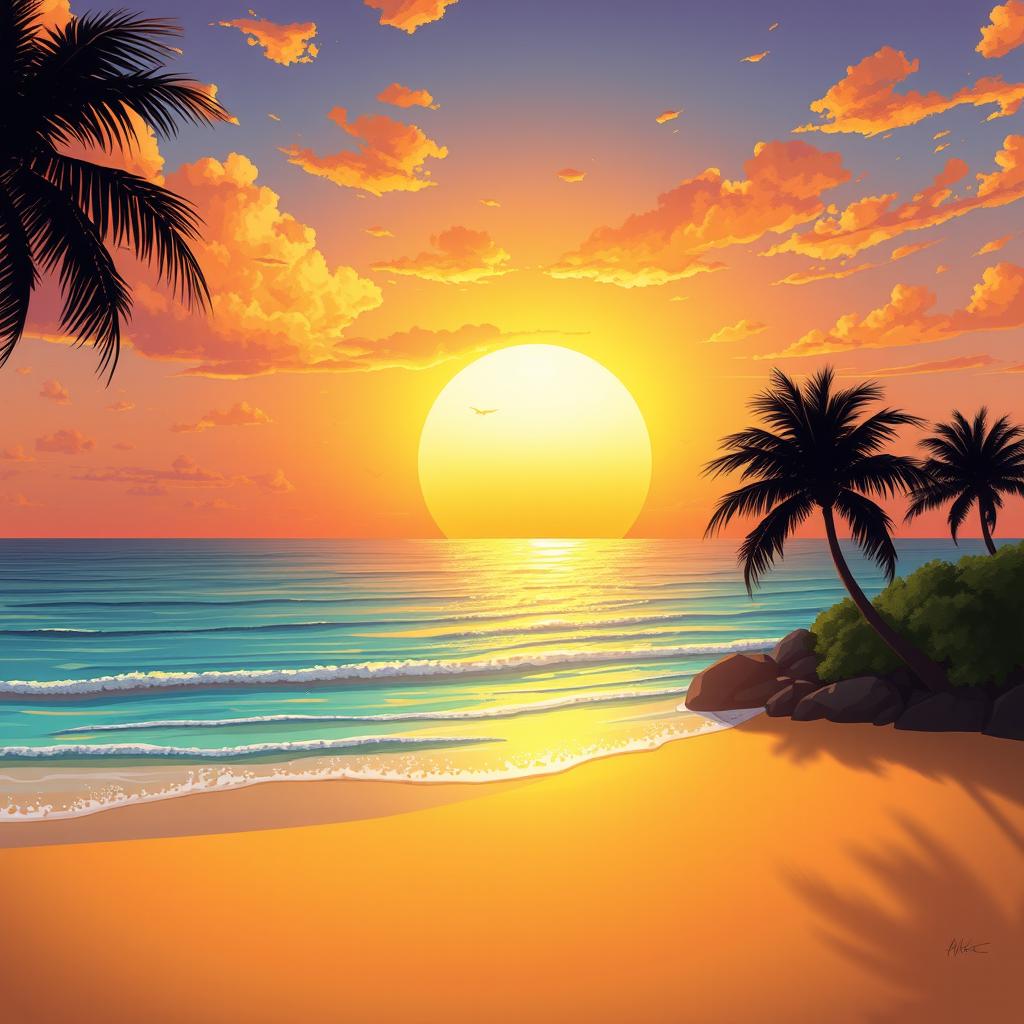 A captivating illustration of a majestic golden sunset spreading its warm, radiant glow across a serene, crystal-clear ocean