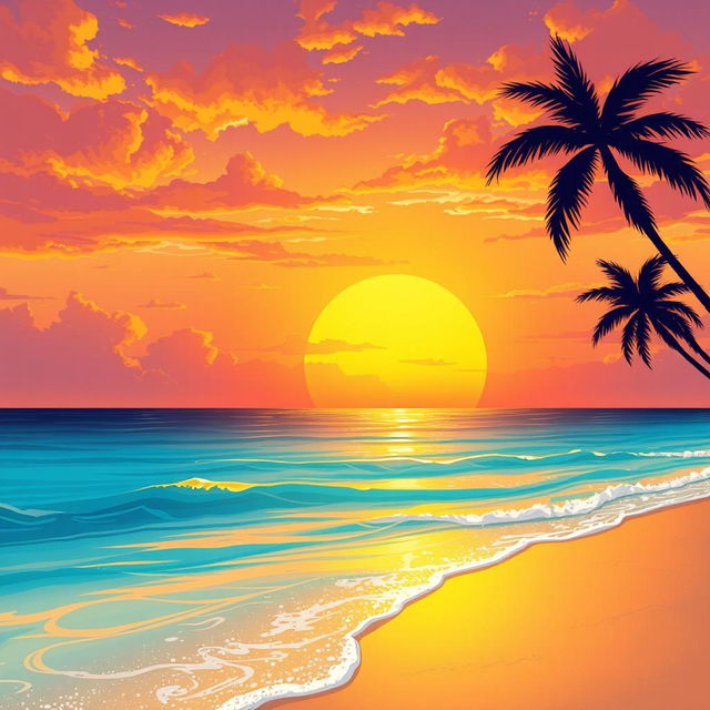 A captivating illustration of a majestic golden sunset spreading its warm, radiant glow across a serene, crystal-clear ocean