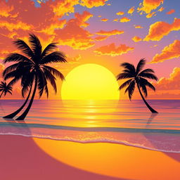 A captivating illustration of a majestic golden sunset spreading its warm, radiant glow across a serene, crystal-clear ocean