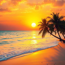 An awe-inspiring depiction of a majestic golden sunset casting a radiant glow over a serene, crystal-clear ocean