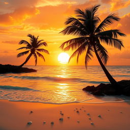 An awe-inspiring depiction of a majestic golden sunset casting a radiant glow over a serene, crystal-clear ocean