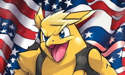 Cartoon image of Donald Trump as a Pokemon character against an American flag backdrop.