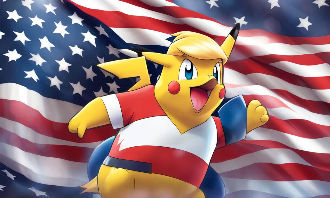 Cartoon image of Donald Trump as a Pokemon character against an American flag backdrop.