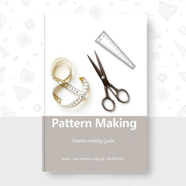 A professional A4-sized book cover for a pattern-making guide, featuring a neutral color palette of soft grays, whites, and muted beige tones to maintain an elegant appearance