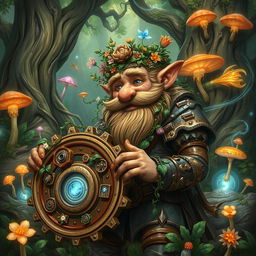 A whimsical and eccentric dwarven artificer surrounded by nature, adorned with intricate wooden gears and vines