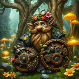 A whimsical and eccentric dwarven artificer surrounded by nature, adorned with intricate wooden gears and vines