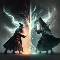 In a tension-charged display, Albus Dumbledore and Gandalf are physically fighting each other with their magical staffs amidst a whirlwind of energy and forceful action.