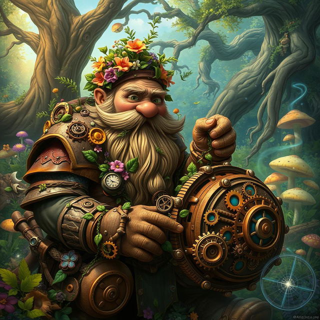 A whimsical and eccentric dwarven artificer surrounded by nature, adorned with intricate wooden gears and vines