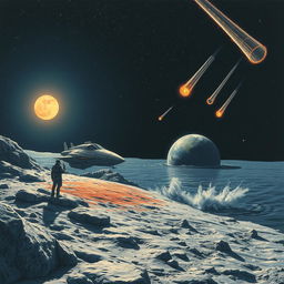 A detailed scene depicting a futuristic spaceship landing on the moon's surface, with a lone figure standing beside it, casually smoking a cigarette