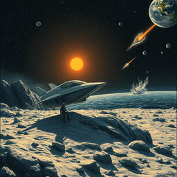 A detailed scene depicting a futuristic spaceship landing on the moon's surface, with a lone figure standing beside it, casually smoking a cigarette