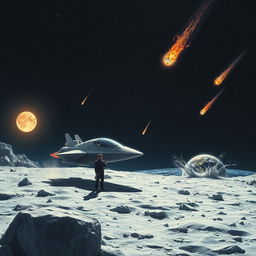 A detailed scene depicting a futuristic spaceship landing on the moon's surface, with a lone figure standing beside it, casually smoking a cigarette