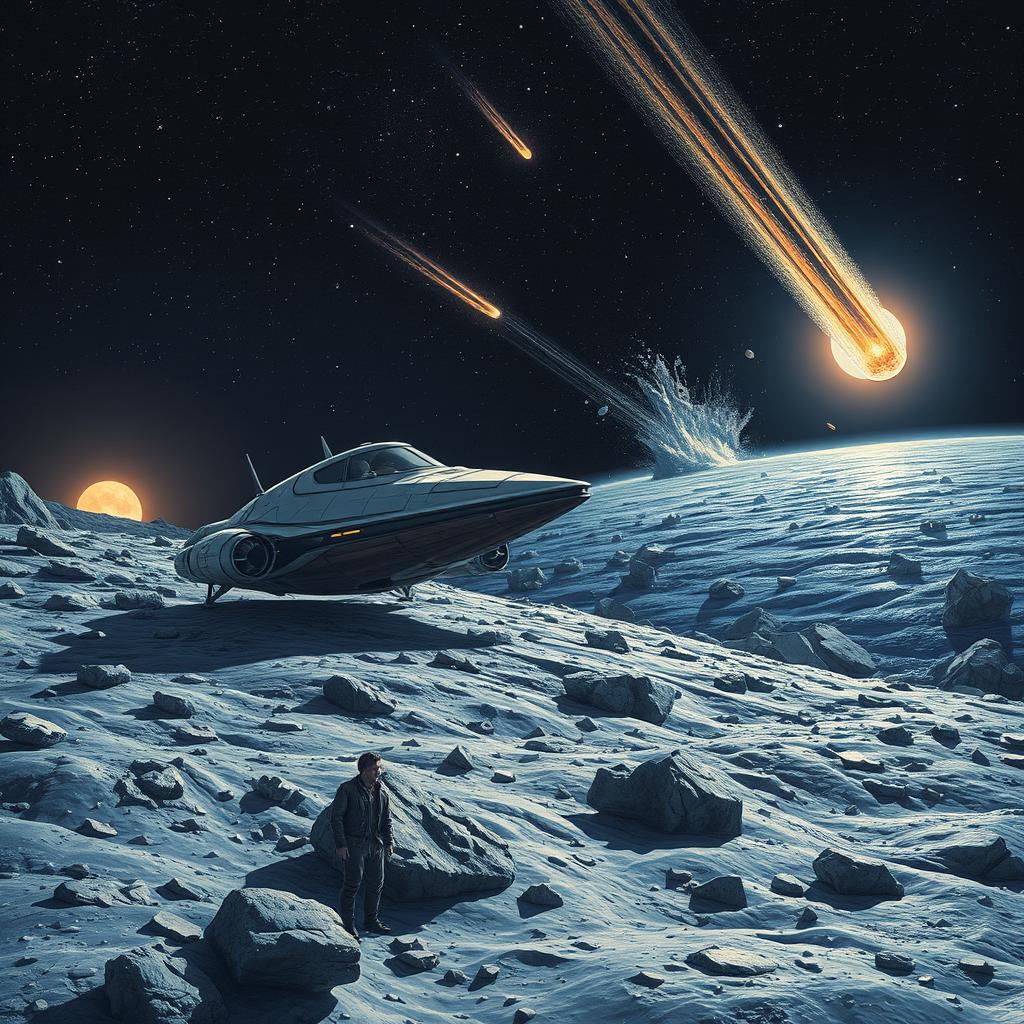 A detailed scene depicting a futuristic spaceship landing on the moon's surface, with a lone figure standing beside it, casually smoking a cigarette