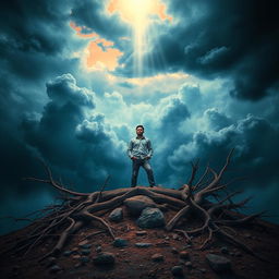 A metaphorical representation of resilience and inner strength, showcasing a person standing tall amidst a stormy landscape, with turbulent winds and dark clouds swirling around